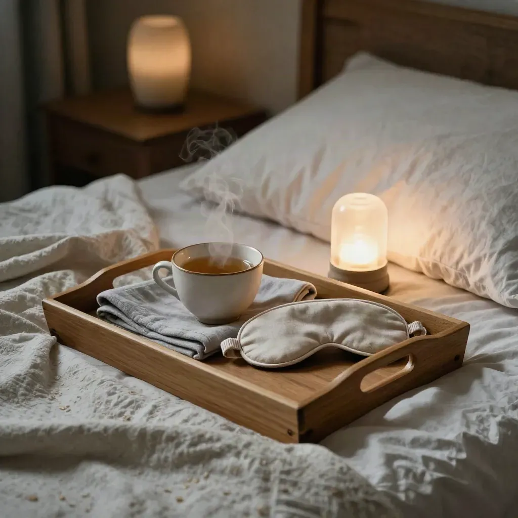 침대 옆 트레이에 허브차, 린넨 안대, 담요, 도자기 램프가 놓인 밤 루틴 장면